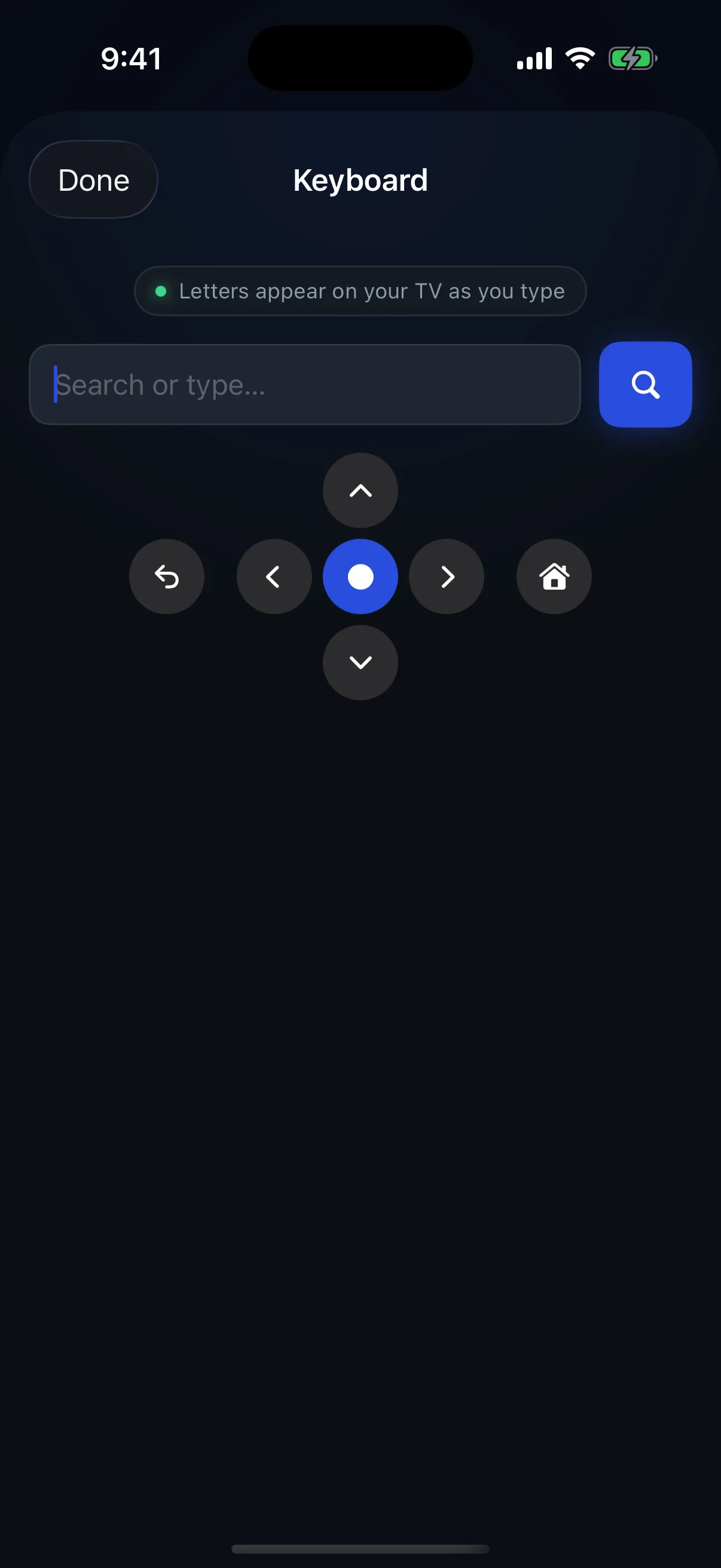 Typing into a TV search box from the Zapp keyboard